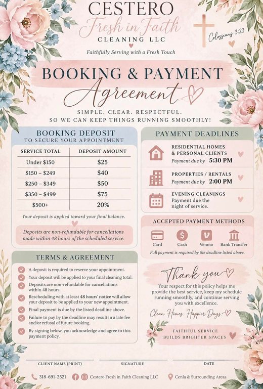 Cestero Fresh in Faith booking and payment agreement