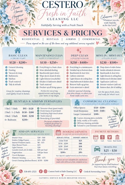 Cestero Fresh in Faith services and pricing card